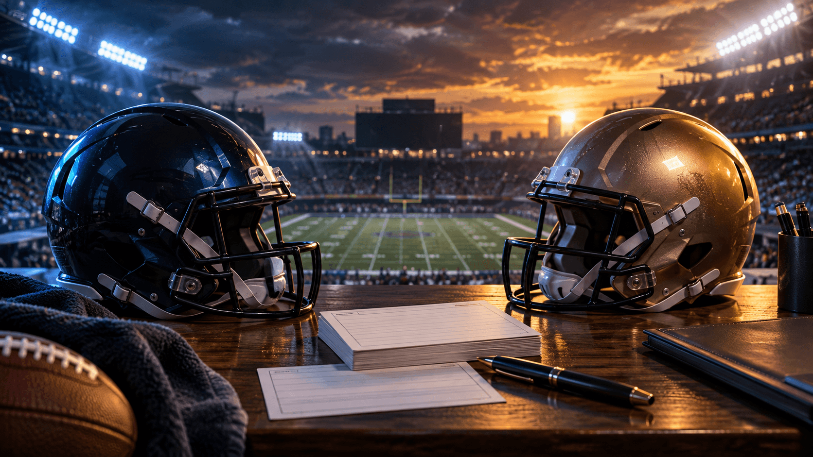 Two unbranded football helmets and blank roster cards on a desk overlooking a stadium at sunset.