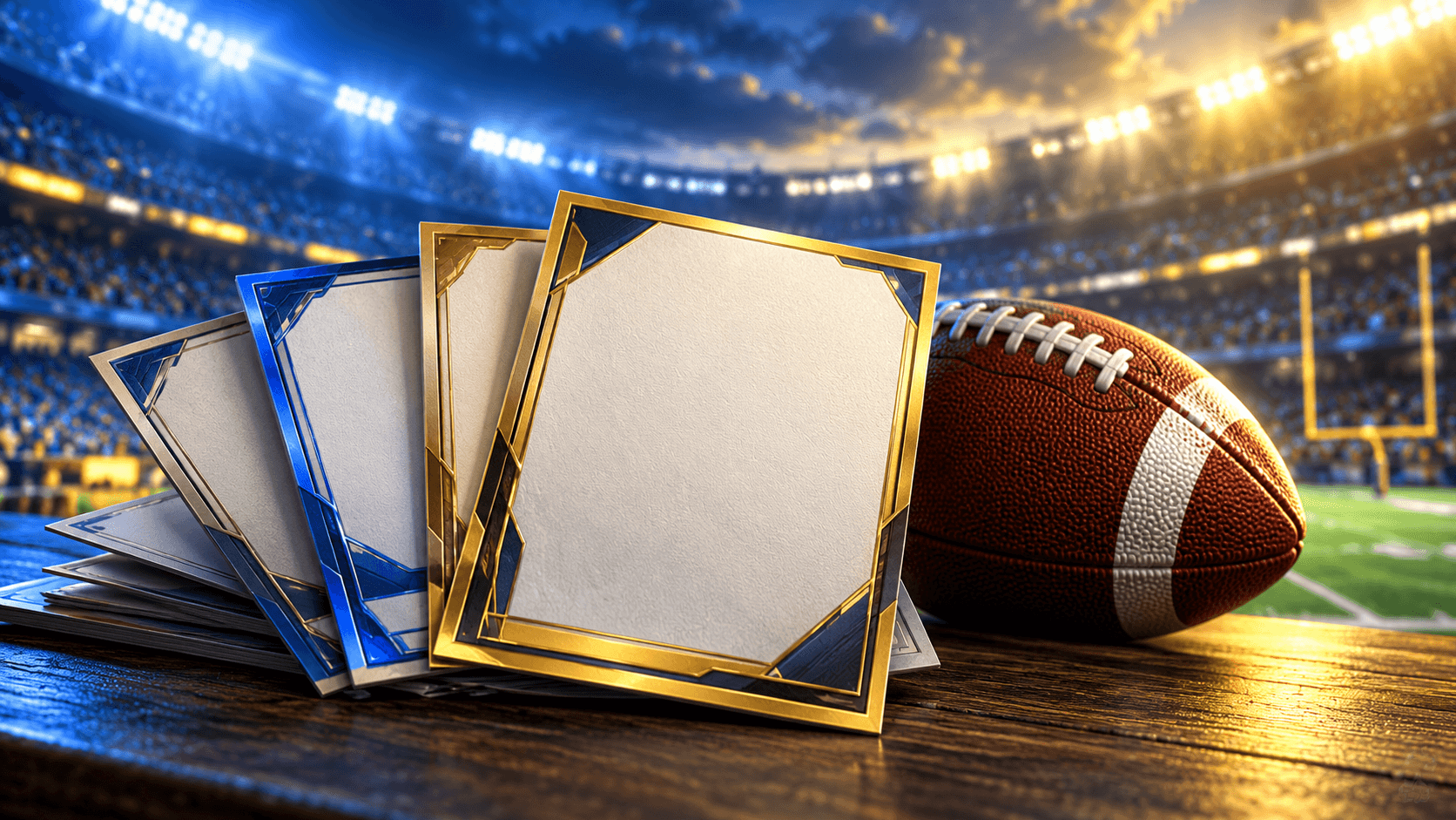 Blank blue-and-gold roster cards beside a football under stadium lights.