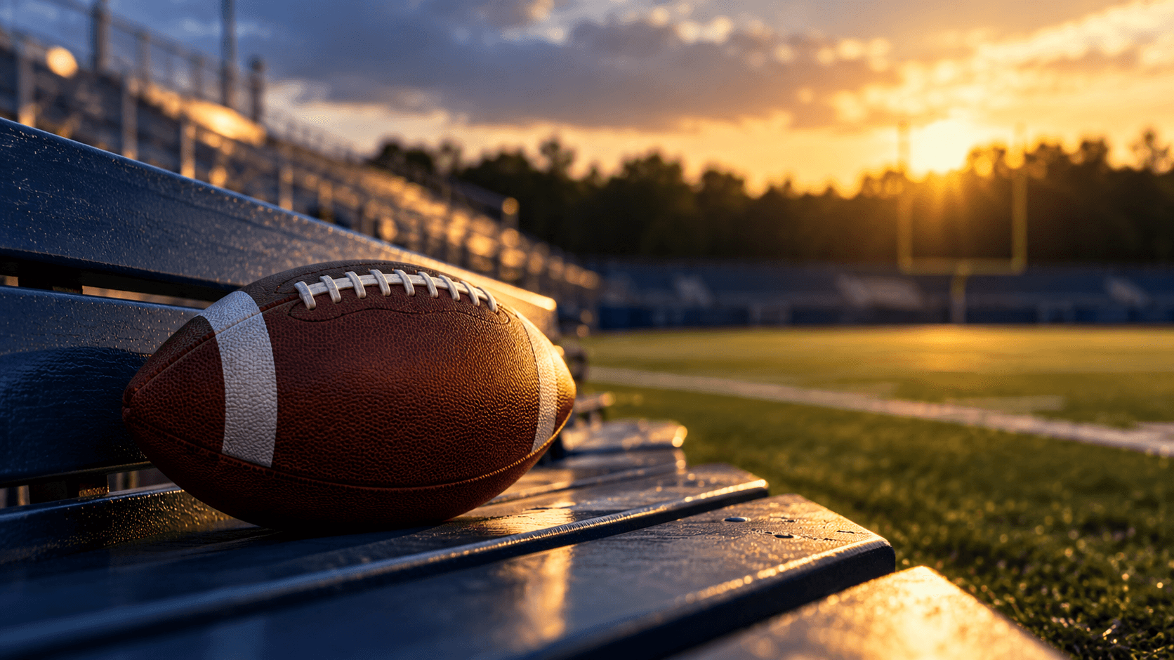 An American football rests on a dark blue bench beside a softly lit field at sunset.