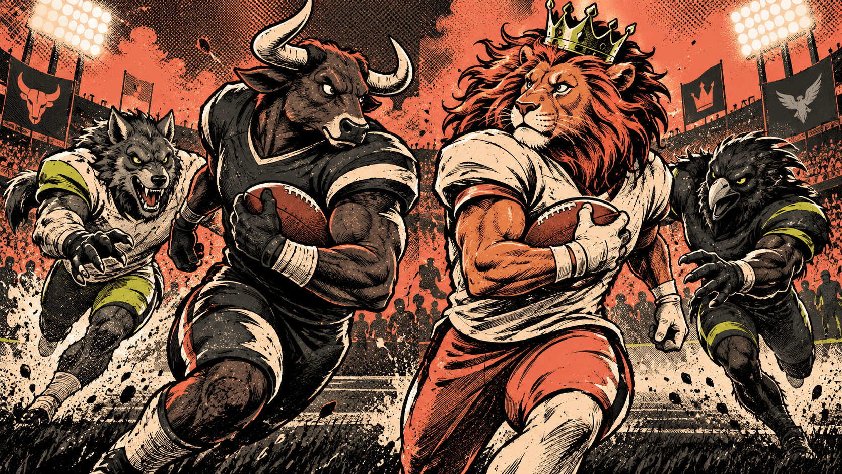 Four fictional football mascots race under stadium lights in a coral and charcoal comic illustration.