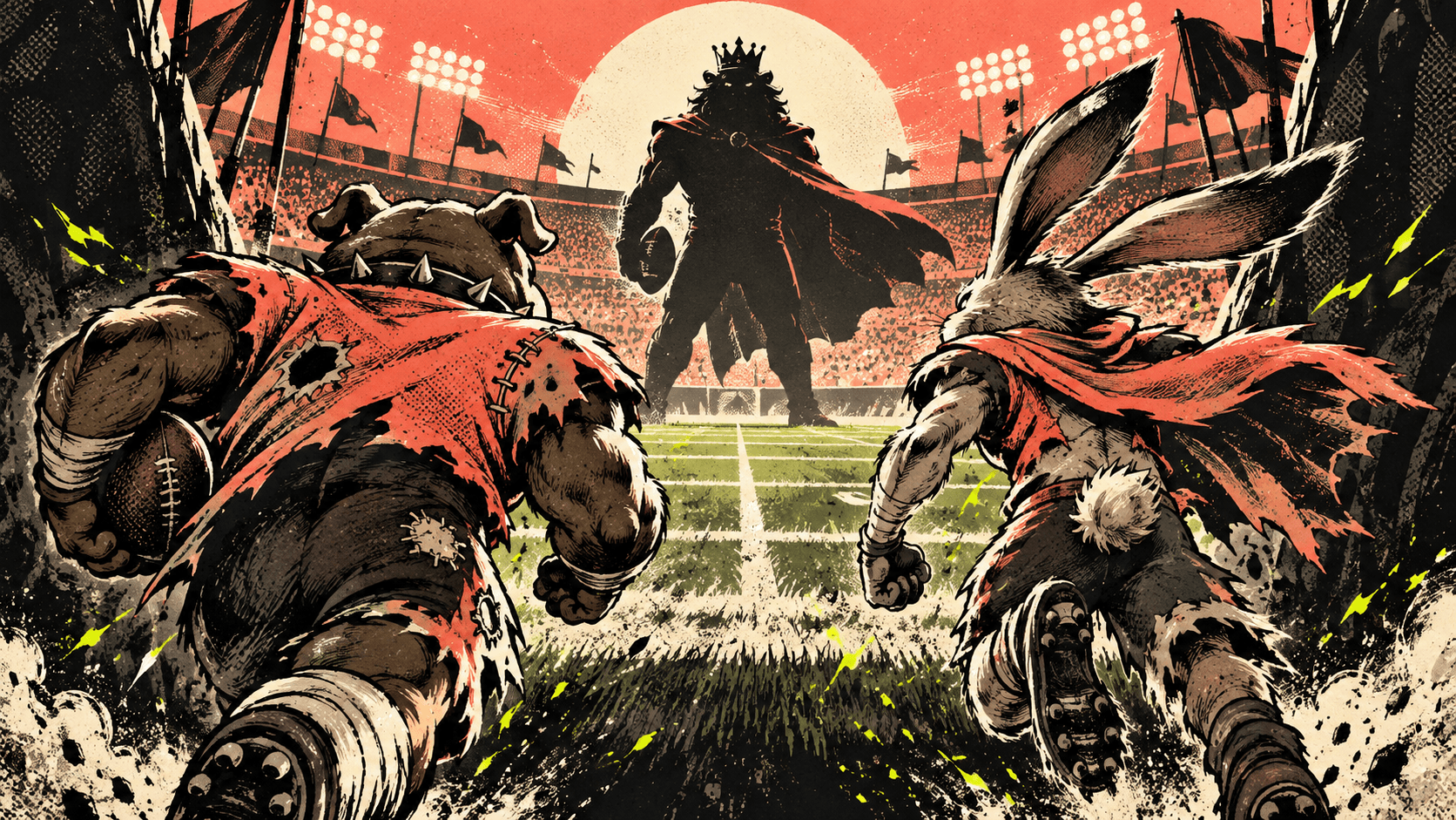 Two fictional underdog football mascots charge toward a rival on a floodlit field in a coral and charcoal comic illustration.
