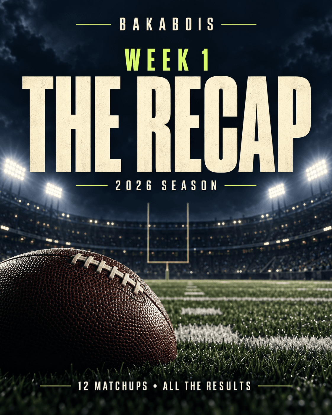 BakaBois Week 1 recap: a football under stadium lights in navy, cream and lime.