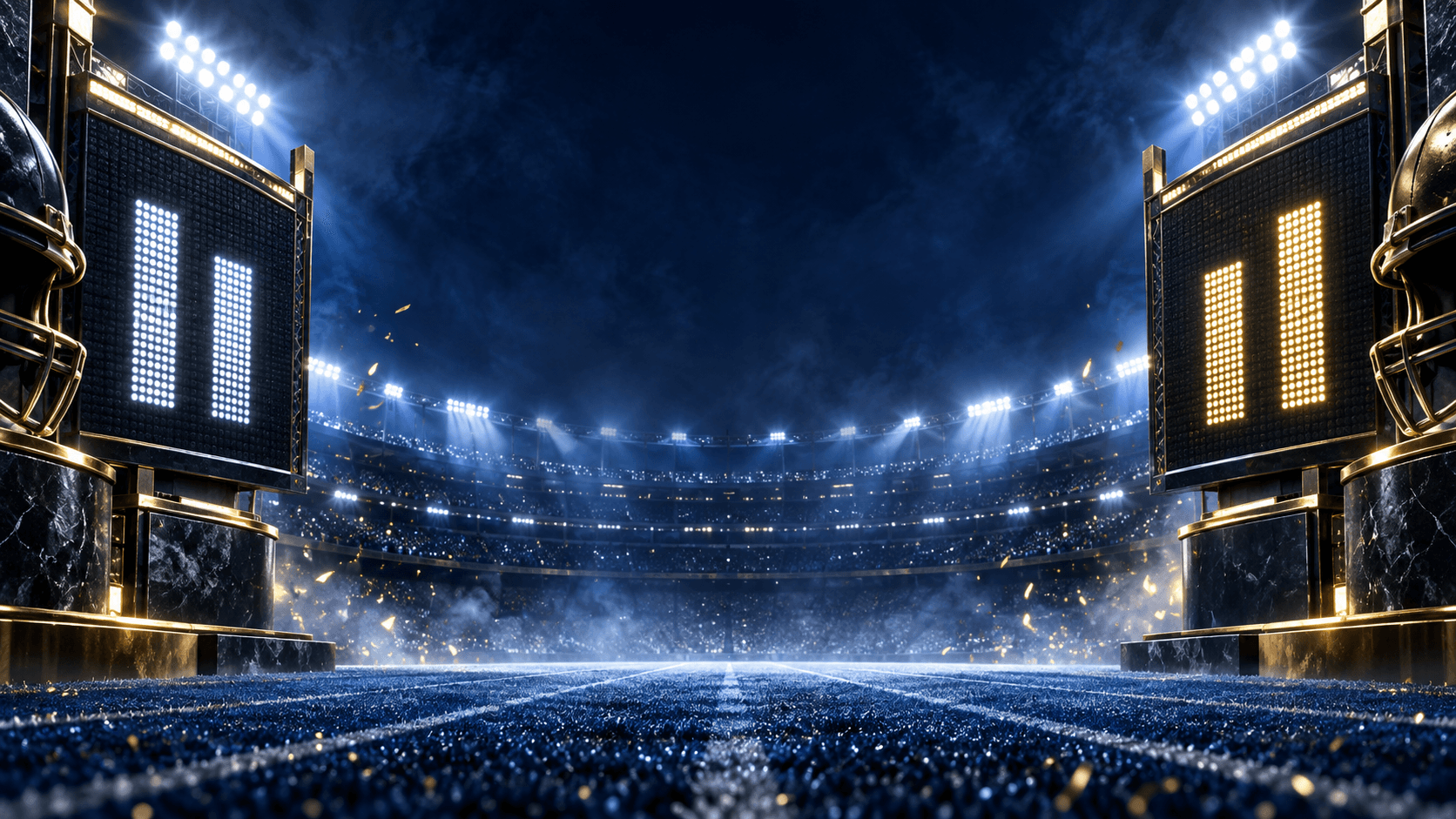 Blue night football stadium with two opposing gold scoreboard motifs and bright floodlights.