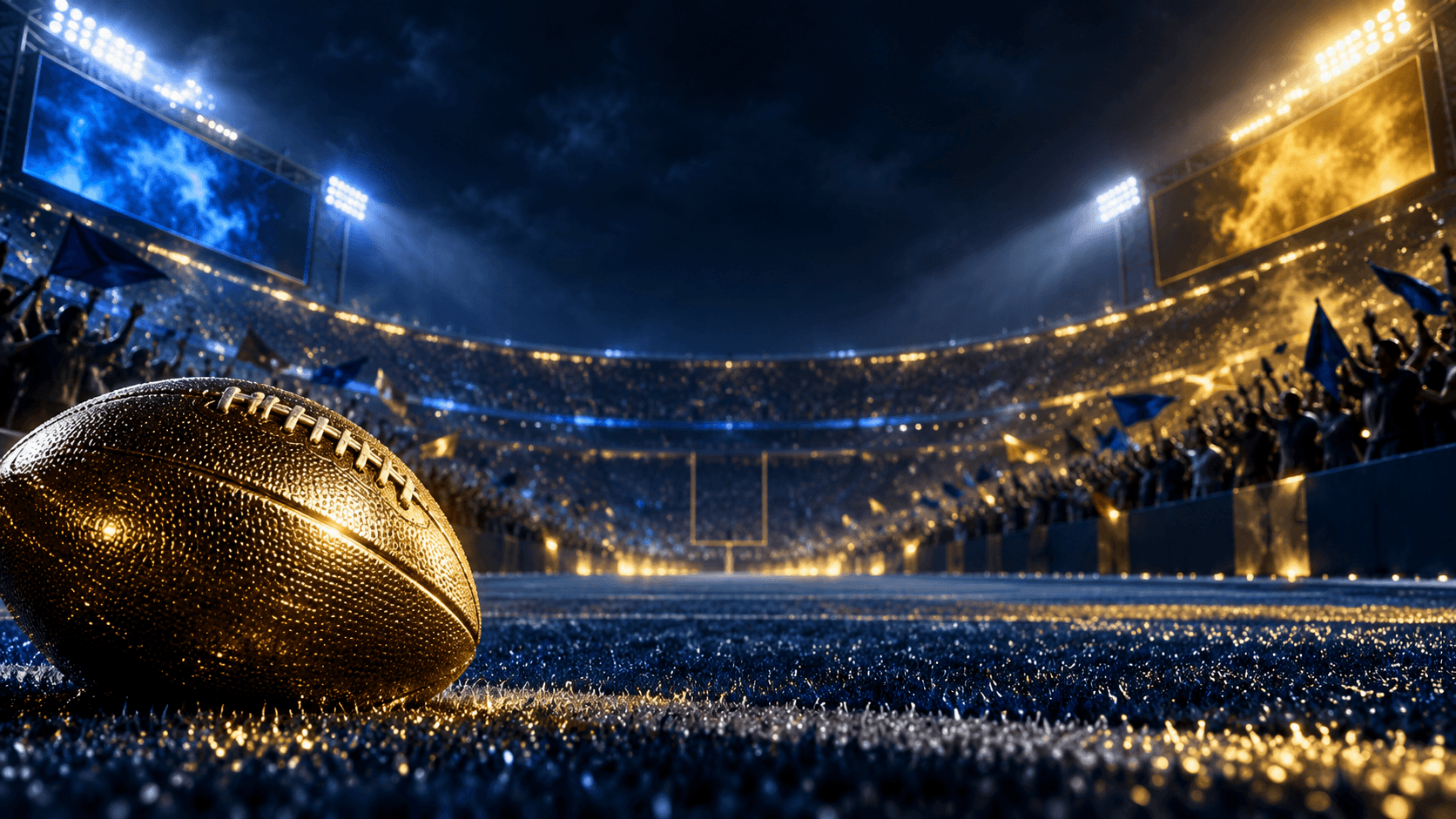 Gold football under blue and gold stadium lights on a night field.