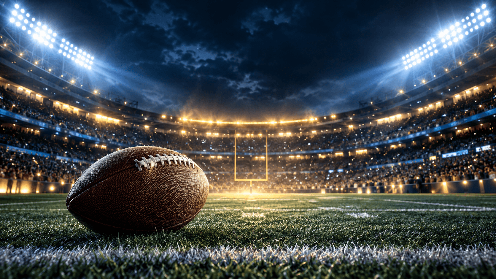A football on a night field beneath blue and gold stadium lights.