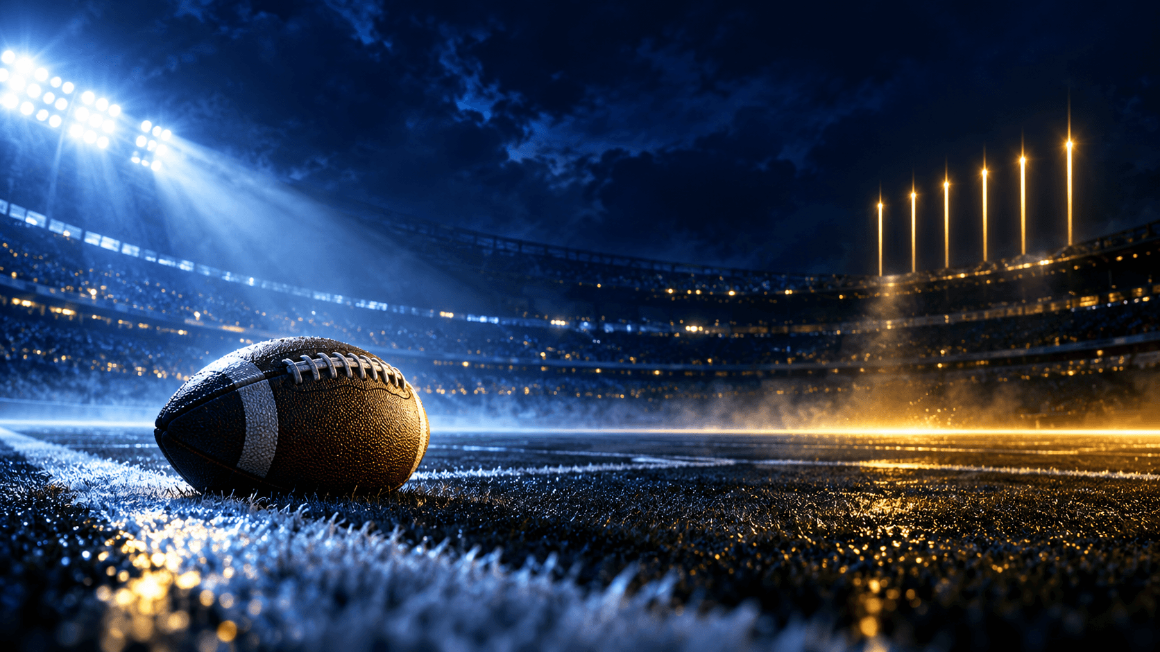 A football rests on a dark blue night field under cool stadium lights and a narrow band of gold light.