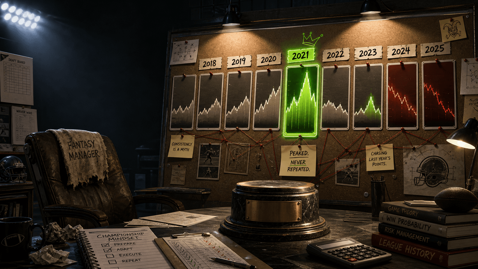 A fantasy-football evidence board showing eight seasons from 2018 through 2025, with 2021 highlighted as the peak, 2023 as a smaller rebound, and 2024–25 fading red.